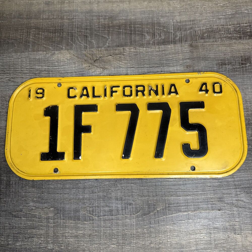 1940 Black And Yellow California License Plate Original 1F 775 DMV Clear Vtg
